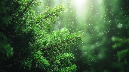 Obraz premium Sunlit rain falls on pine branch in lush forest.