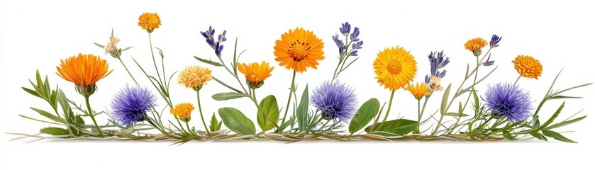 Vibrant Collection of Wildflowers in Shades of Yellow, Purple and Green on White Background