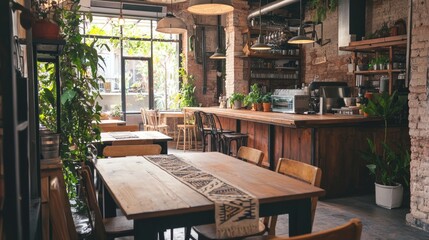 Fototapeta premium Vibrant Indian-Inspired Bistro Corner in Modern Kitchen Interior with Tribal Table Runner, Wooden Chairs, and Metal Lantern - Cinematic Design