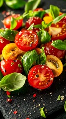 Cherry tomatoes and basil in a bowl on a black slate background