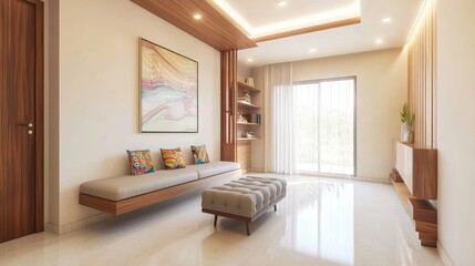 Fototapeta premium Vibrant Indian-Inspired Modern Interior Design with Floating Shelves, Tufted Bench, and Abstract Painting