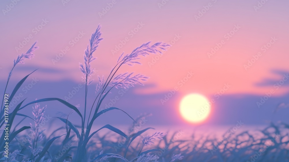 Poster a serene sunset over a field of grass, creating a peaceful and calming atmosphere.