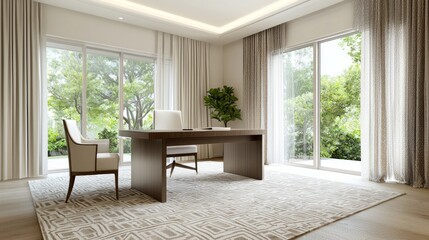 Fototapeta premium Contemporary Indian-Inspired Home Office with Block-Printed Curtains and Plush Rug by Large Windows