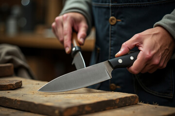 Skilled artisan shapes a knife in a workshop, demonstrating handmade techniques and showcasing fine craftsmanship with precision tools
