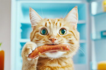 Orange tabby cat sitting proudly with a sausage in its mouth, displaying a mix of triumph and cheekiness in a home kitchen setting.