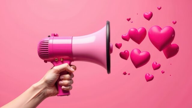 Hand holding megaphone spreading love on pink background. creative valentine's day card.