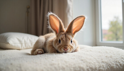 Obraz premium Cute brown rabbit relaxing on a cozy bed near a window