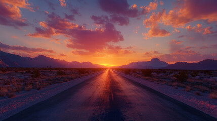 Obraz premium Majestic desert road stretching toward vibrant sunset, surrounded by mountains and colorful clouds, creating serene and breathtaking landscape
