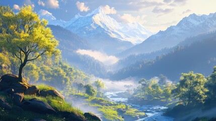 A mountain range with a lush green valley in between. The sky is clear and blue with a few clouds. The mountains are covered in trees and the valley is full of grass.
