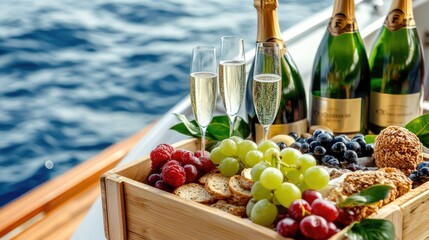 Champagne and delightful snacks are set on a table, overlooking a stunning ocean view from a cruise ship balcony under a clear blue sky