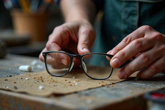 Craftsman works on assembling custom glasses in a workshop, showcasing skillful attention to detail amidst sawdust and tools.