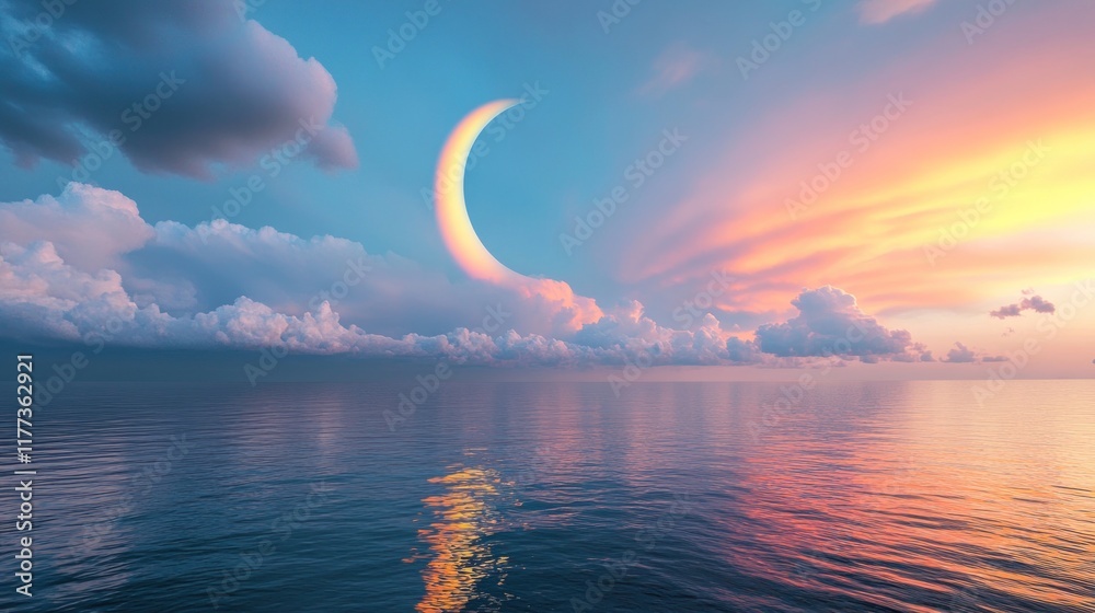 Poster a serene sunset over calm waters with a crescent moon and colorful clouds.