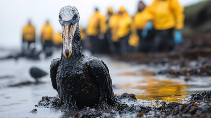 A cormorant covered in oil stands amidst an oil spill, with rescue workers in yellow raincoats in the background, symbolizing environmental impact, wildlife rescue, and conservation efforts