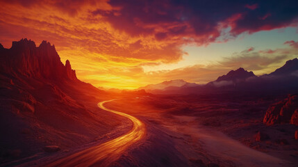 Fototapeta premium stunning landscape featuring winding road through desert at sunset, with vibrant colors illuminating sky and mountains in background, creating serene atmosphere
