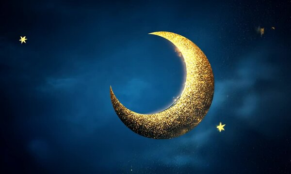 A gold and silver crescent moon is surrounded by a cloud of glitter. The image has a dreamy, ethereal quality to it, as if the moon is floating in the sky. The glitter adds a sense of magic