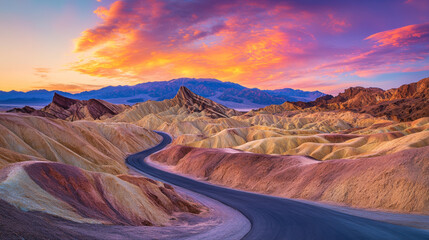 Fototapeta premium Stunning landscape featuring winding road through colorful desert hills at sunset, showcasing vibrant hues and dramatic clouds