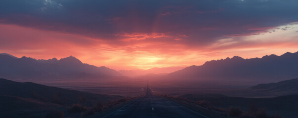 Stunning sunset over open road cutting through mountains, creating breathtaking view. vibrant colors of sky reflect on landscape, evoking sense of peace and adventure