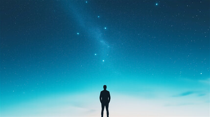 A lone silhouette standing beneath a breathtaking night sky filled with stars and a sense of endless possibilities, offering ample copy space for text.