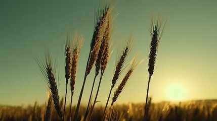Obraz premium Close-up of Ripe Wheat Stalks Swaying Gently in the Breeze with the Low Sun Casting Radiant Golden Light on a Tranquil Landscape