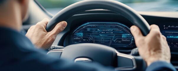 Naklejka premium A close-up view of hands gripping a modern steering wheel, showcasing a high-tech dashboard display in an advanced vehicle.