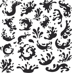 Various black splash and water droplet shapes for design and artistic projects