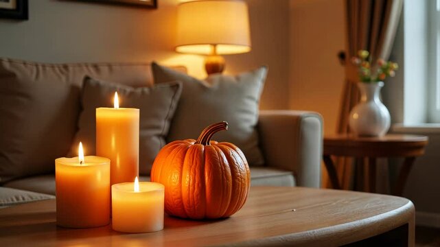 Embracing autumn vibes with cozy candles and a pumpkin in a warm living room atmosphere