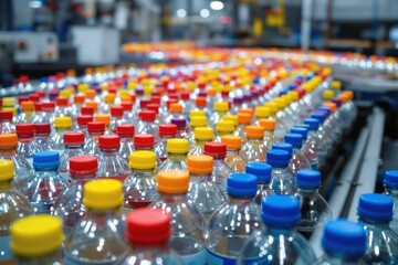 Obraz premium Multiple plastic bottles with vibrant caps on a conveyor belt in a factory environment, industrial perspective, concept of mass production. Ai generative