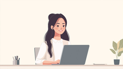 Smiling asian businesswoman working on a laptop in her modern office