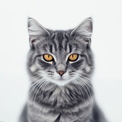 A grey tabby cat with amber eyes