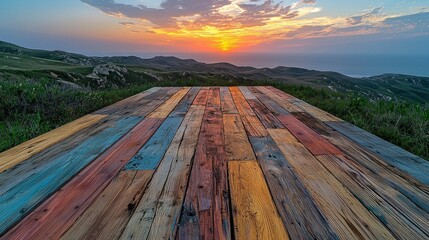 Colorful wooden platform overlooking hills and ocean at sunset