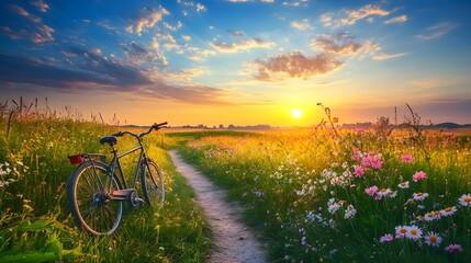 Obraz premium Tranquil Sunset Scene with Bicycle Along a Scenic Path Surrounded by Colorful Wildflowers and a Breathtaking Sky Displaying Soft Clouds and Warm Tones