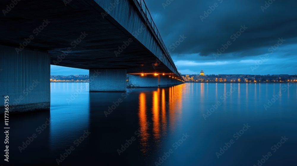 Poster a serene view of a bridge at dusk, reflecting lights on calm water.