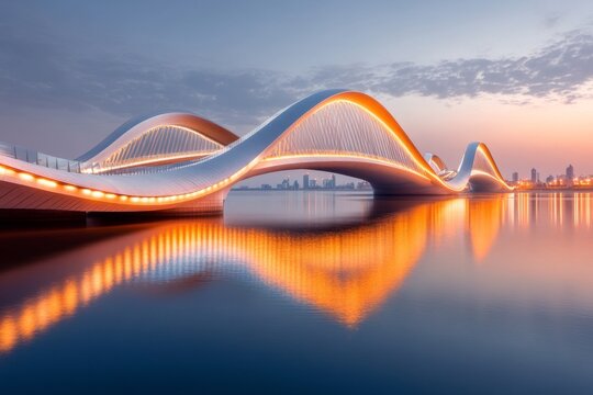 The Sheikh Zayed Bridge in Abu Dhabi, with its sweeping curves illuminated against the night sky