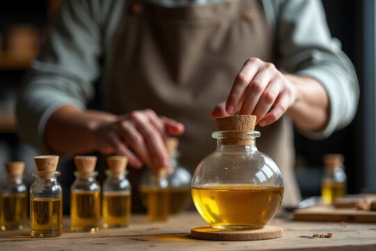A skilled artisan blends essential oils in a perfume workshop, showcasing the art of fragrance creation with precision and care.