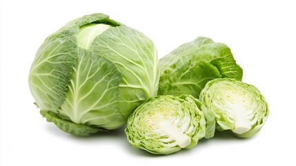 Fototapeta premium Vibrant Green Cabbage Heads and Slices on Pristine White Background