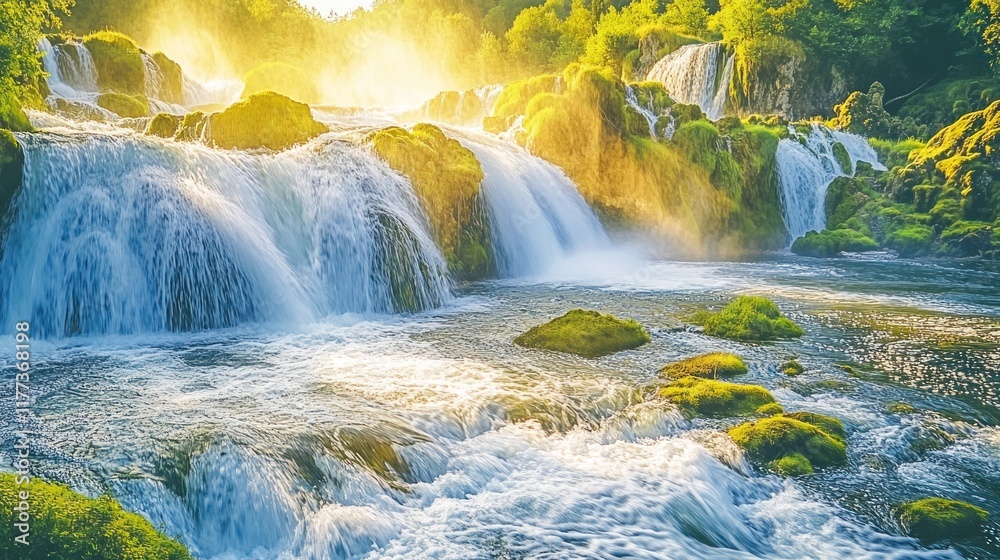 Aufkleber A serene waterfall scene with sunlight filtering through trees, creating a tranquil atmosphere.