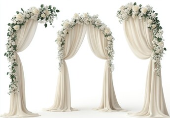 3D Realistic Wedding Arches with White and Beige Flowers, Curtains, and Garlands. Collection Set on White Background.