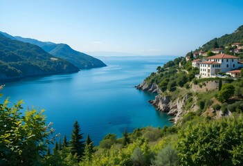 Obraz premium A beautiful river pass residence, blue sky, beautiful sea and natural paintings