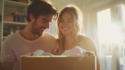 Couple opening cardboard box, home move, sunlight