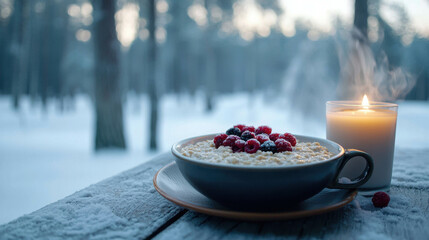 Cozy Nordic Winter Breakfast in a Cabin with Candle and Berries on a Table