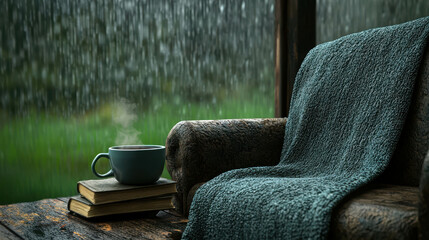 Fototapeta premium Cozy Reading Nook by Rain Streaked Window with Warm Cup of Coffee
