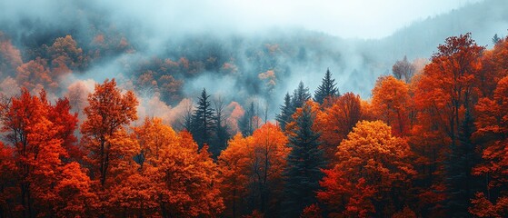 Autumn forest, misty mountains, scenic view, fall foliage, nature background