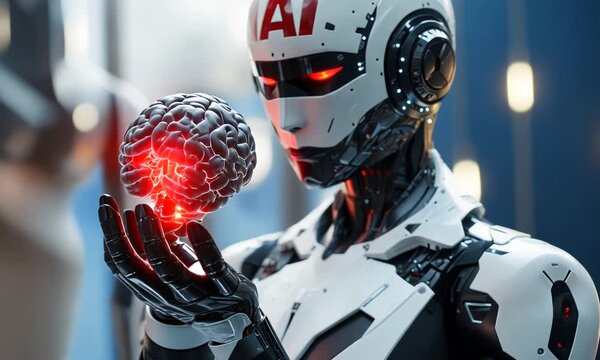 Humanoid robot carefully holding intricate digital brain, revealing glowing red eyes symbolizing advanced artificial intelligence and technological evolution