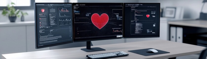 Heart Health Monitoring System with Three Screens in Modern Office Environment