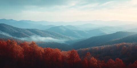 Autumn mountain range, misty valley, scenic view, travel poster
