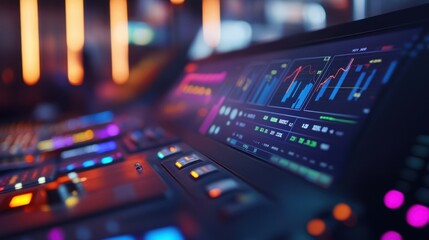 Modern audio mixing console displaying real time charts, data visualization, and technical information on its integrated screen, enhancing the audio production process with visual feedback