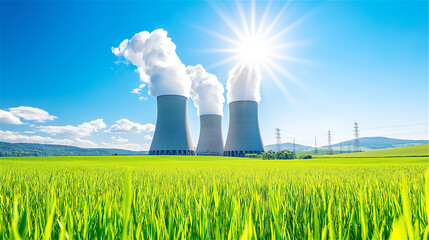 Two cooling towers of a nuclear power plant stand amidst a lush green field under a sunny sky. The image symbolizes energy, environment, and industrial progress.