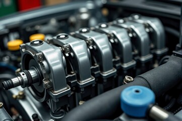 Fototapeta premium Car engine injector system showcases intricate components in a mechanical workshop, highlighting the technology involved in engine performance.