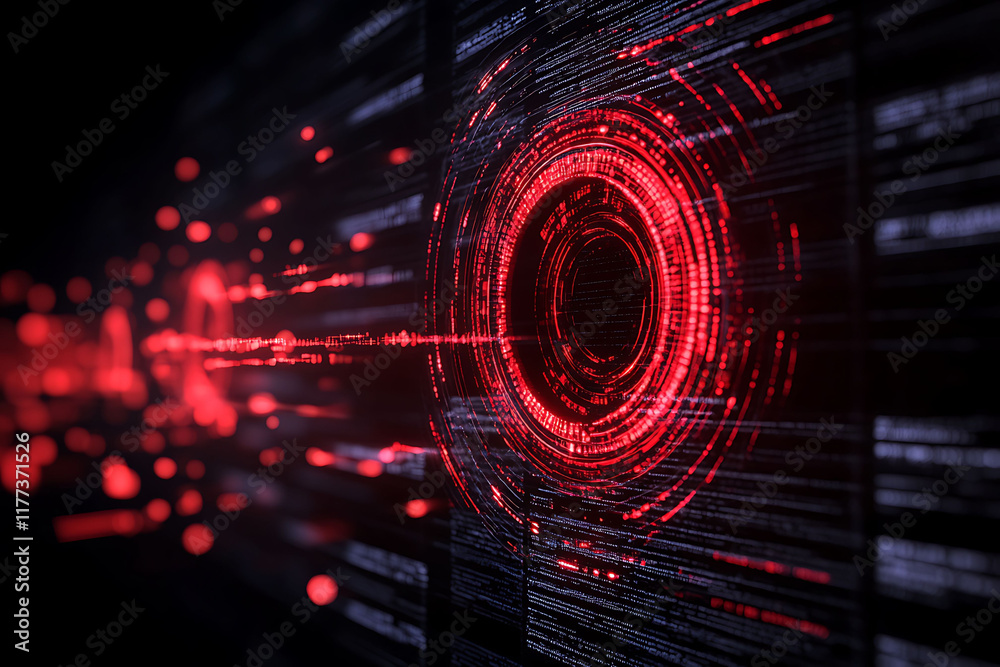 Poster abstract red digital data stream and circular interface