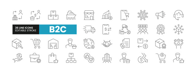 Set of 36 B2C line icons set. B2C outline icons with editable stroke collection. Includes E-Commerce, Cargo, Supply Chain, Wholesaler, Distribution, and More.